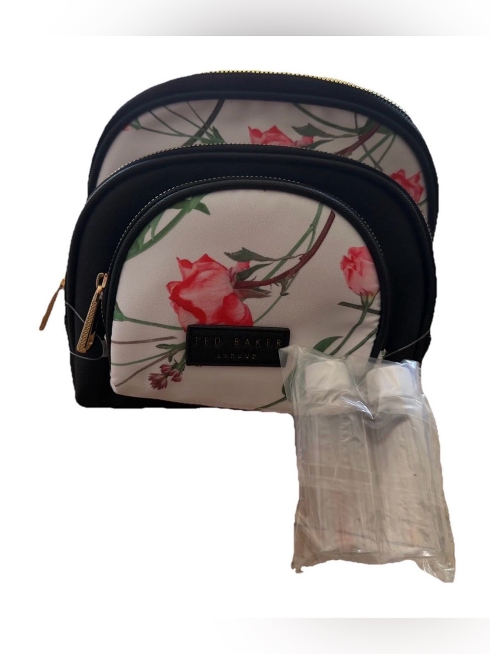 5 PIECE MAKEUP COSMETICS BAG SET TED BAKER WHITE FLORAL BLACK 2 TRAVEL BOTTLES